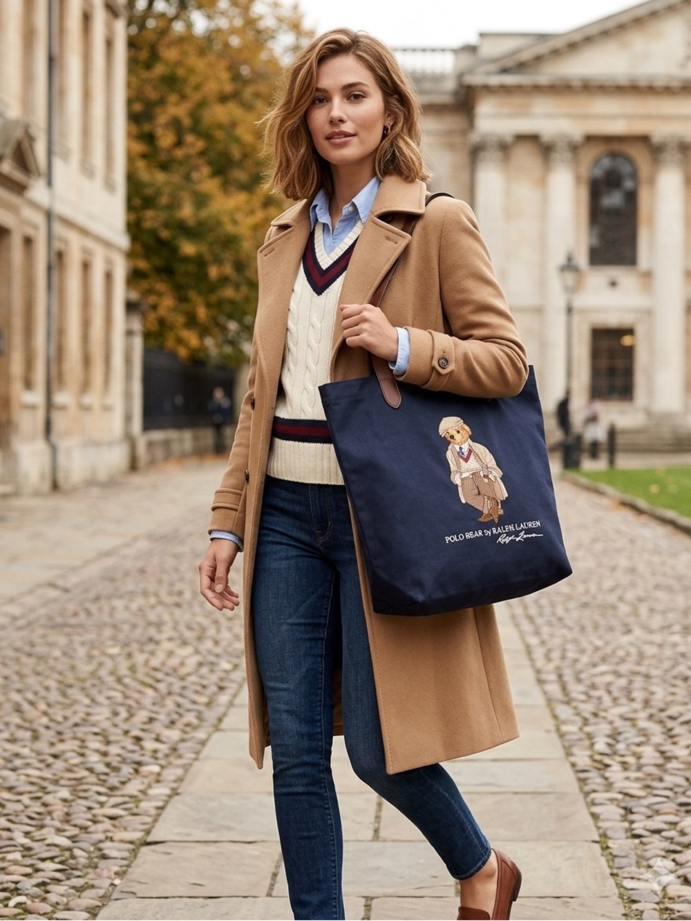 NWOT Ralph Lauren Polo Bear Navy Canvas Tote with Brown Leather Straps